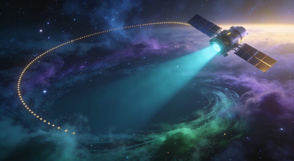 Illustrant un satellite naviguant dans une nébuleuse cosmique avec un faisceau de recherche pointant vers un espace vide, symbolisant une page introuvable. Une trajectoire dorée lumineuse indique le chemin du retour vers la Terre. Représente la page 404 de Terre Surveillée : une erreur de navigation spatiale gérée avec élégance et réactivité.