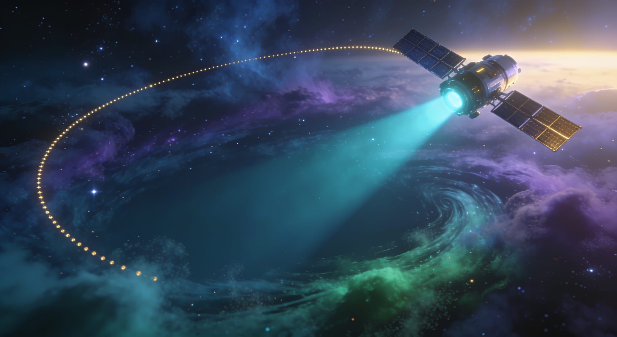 Illustrant un satellite naviguant dans une nébuleuse cosmique avec un faisceau de recherche pointant vers un espace vide, symbolisant une page introuvable. Une trajectoire dorée lumineuse indique le chemin du retour vers la Terre. Représente la page 404 de Terre Surveillée : une erreur de navigation spatiale gérée avec élégance et réactivité.