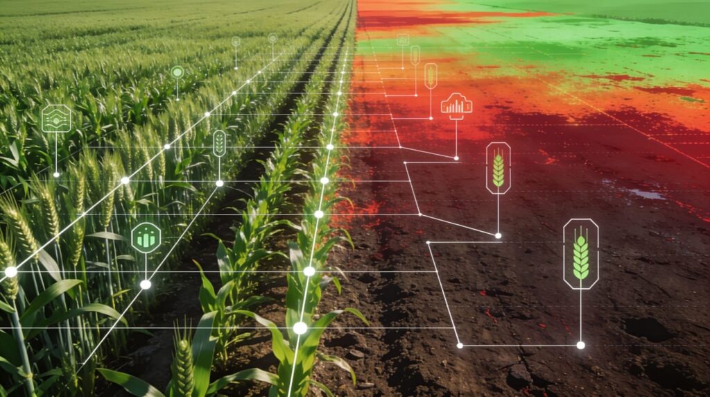 Vue aérienne de champs agricoles au Québec avec superposition de données satellitaires NDVI illustrant la solution d'agriculture de précision de Terre Surveillée pour l'optimisation des rendements et la réduction des intrants, avec hébergement de données en Suisse.