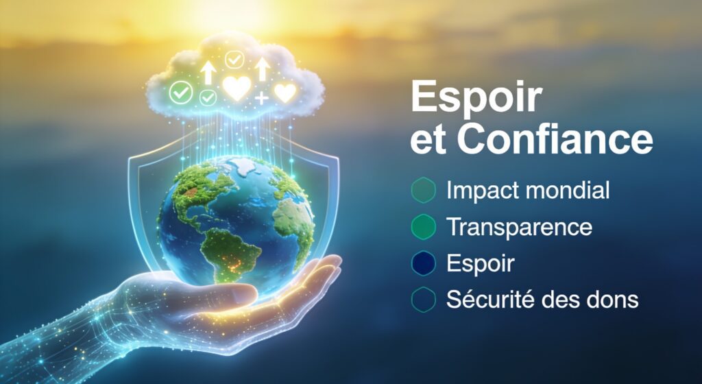 Une campagne de collecte de fonds illustrant une main lumineuse protégeant un globe terrestre avec des zones d'impact vertes. Symbolise la philanthropie de précision de Terre Surveillée, où chaque don est tracé et mesuré par satellite pour un avenir durable, sécurisé par une infrastructure suisse.