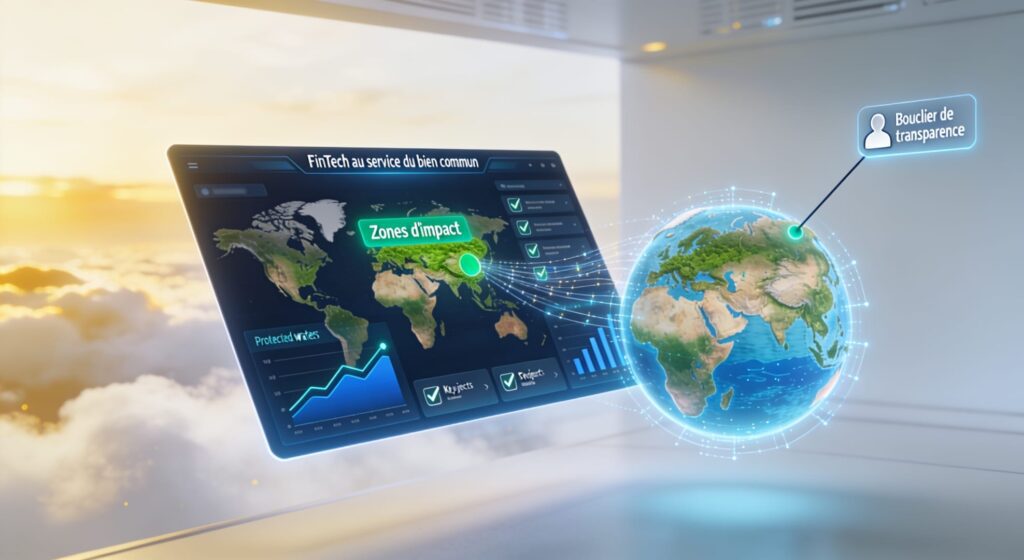 Un tableau de bord holographique de donateur affichant une carte du monde avec des zones d'impact vertes et des graphiques de progression. Symbolise la philanthropie de précision de Terre Surveillée, où chaque don est tracé, mesuré et vérifié par satellite dans un espace sécurisé hébergé en Suisse.
