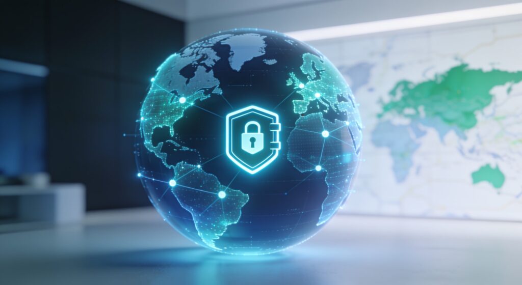 l'Espace Client Terre Surveillée illustrant un portail sécurisé de gestion d'abonnements et de facturation. Visualisation de données géospatiales protégées par un bouclier numérique, symbolisant l'hébergement souverain en Suisse chez Infomaniak pour les secteurs mines, agriculture et industrie."