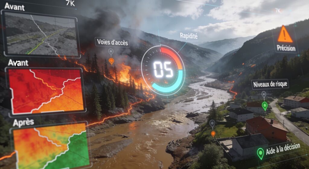 Carte satellitaire d'analyse des dommages post-catastrophe (inondation ou incendie) illustrant la solution de gestion de crise de Terre Surveillée pour les assureurs et les secours, avec une expertise depuis Saint-Hyacinthe et des données hébergées en Suisse.