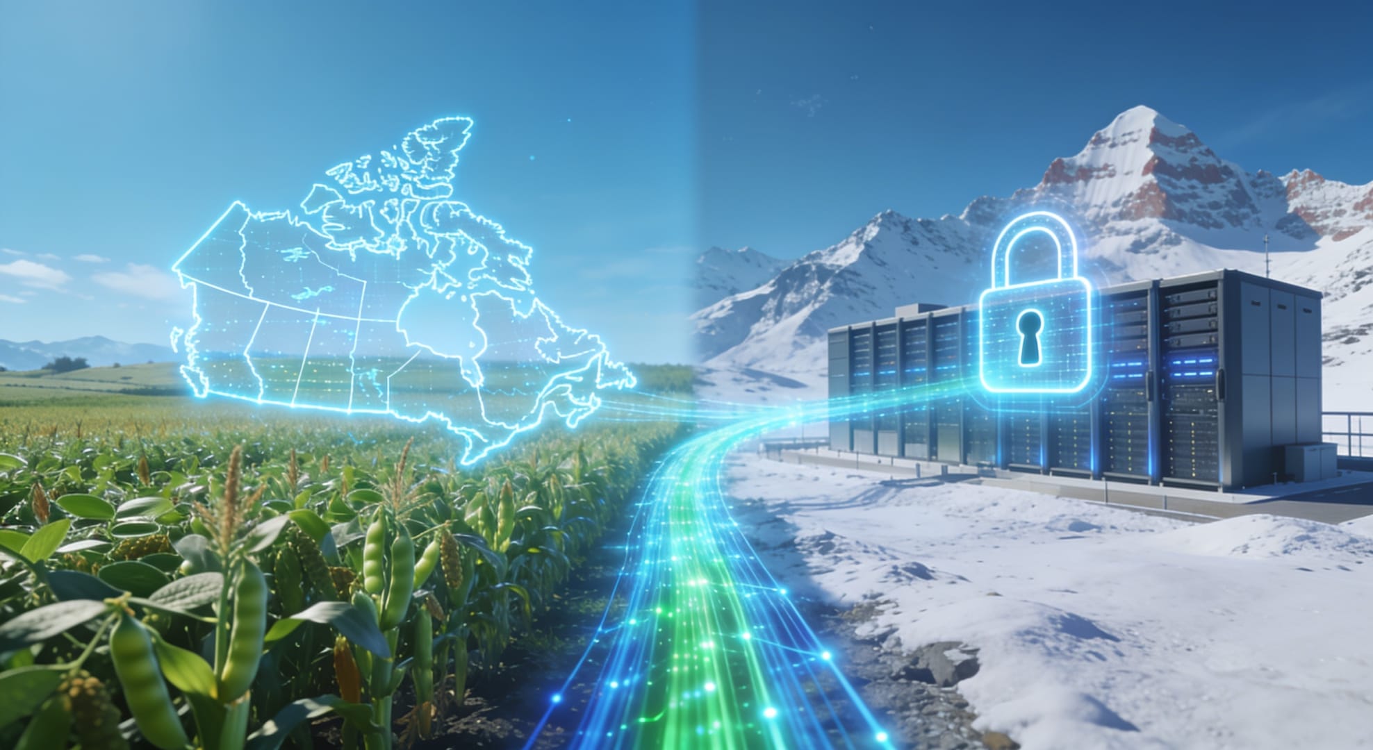Illustration conceptuelle reliant les champs agricoles de Saint-Hyacinthe au Québec à un datacenter sécurisé dans les Alpes, symbolisant l'expertise locale de Terre Surveillée et son hébergement de données en Suisse via Infomaniak.