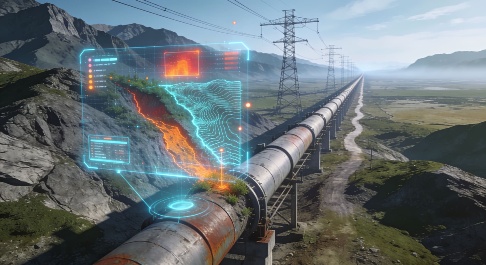L'inspection industrielle montrant un pipeline traversant un paysage montagneux avec une superposition d'analyse de données satellitaires. Illustration de la surveillance proactive des actifs dispersés et de la détection de risques par Terre Surveillée."