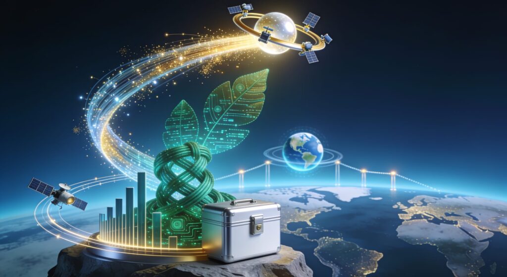 Pour les investisseurs illustrant une courbe de croissance durable se transformant en orbite satellitaire. Symbolise la vision stratégique de Terre Surveillée pour l'ère spatiale, alliant sécurité suisse, innovation canadienne et critères ESG pour un retour sur investissement responsable.