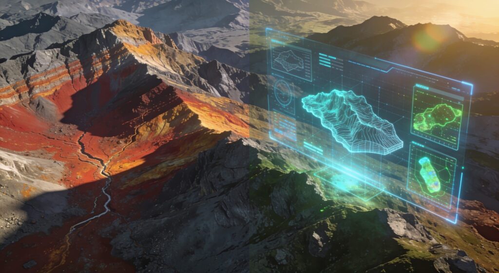 Montagnes avec imagerie satellitaire futuriste
