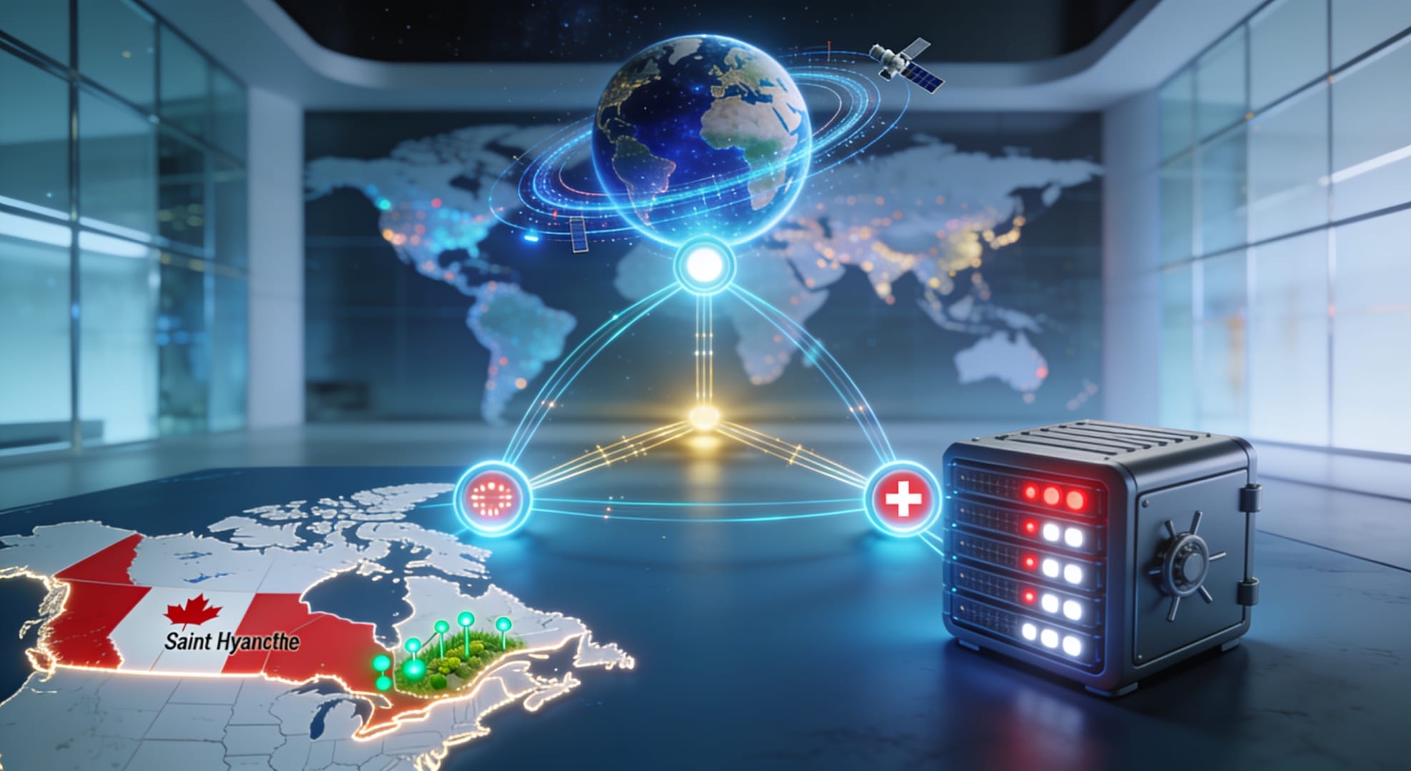 L'alliance stratégique mondiale de Terre Surveillée : une carte 3D du Canada (Québec) connectée par des flux de données à un serveur sécurisé en Suisse (Europe) et à des satellites en orbite. Symbolise l'intégration technologique entre l'Amérique du Nord et l'Europe pour une géolocalisation souveraine.