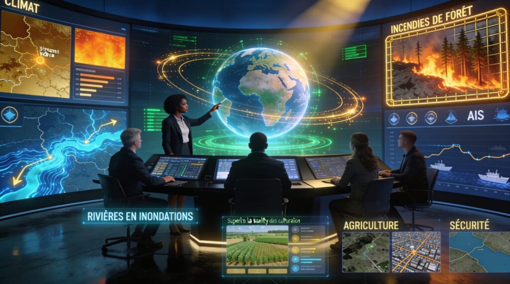 Interface de solutions d'analyse satellitaire Terre Surveillée pour l'agriculture de précision et la surveillance environnementale, montrant des cartes de données et des images de la Terre.