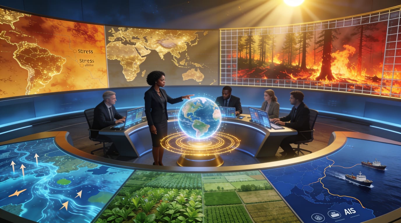 Infographie présentant les six expertises sectorielles de Terre Surveillée : agriculture de précision, mines, foresterie, environnement, infrastructures et urbanisme, illustrant les solutions d'analyse satellitaire