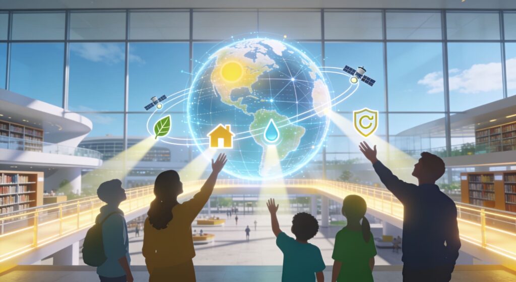 La stratégie de communication publique de Terre Surveillée : une sphère de données géospatiales se transformant en icônes simples et lumineuses pour un public diversifié. Symbolise la transparence, la pédagogie scientifique et l'engagement citoyen pour une technologie spatiale accessible et éthique.