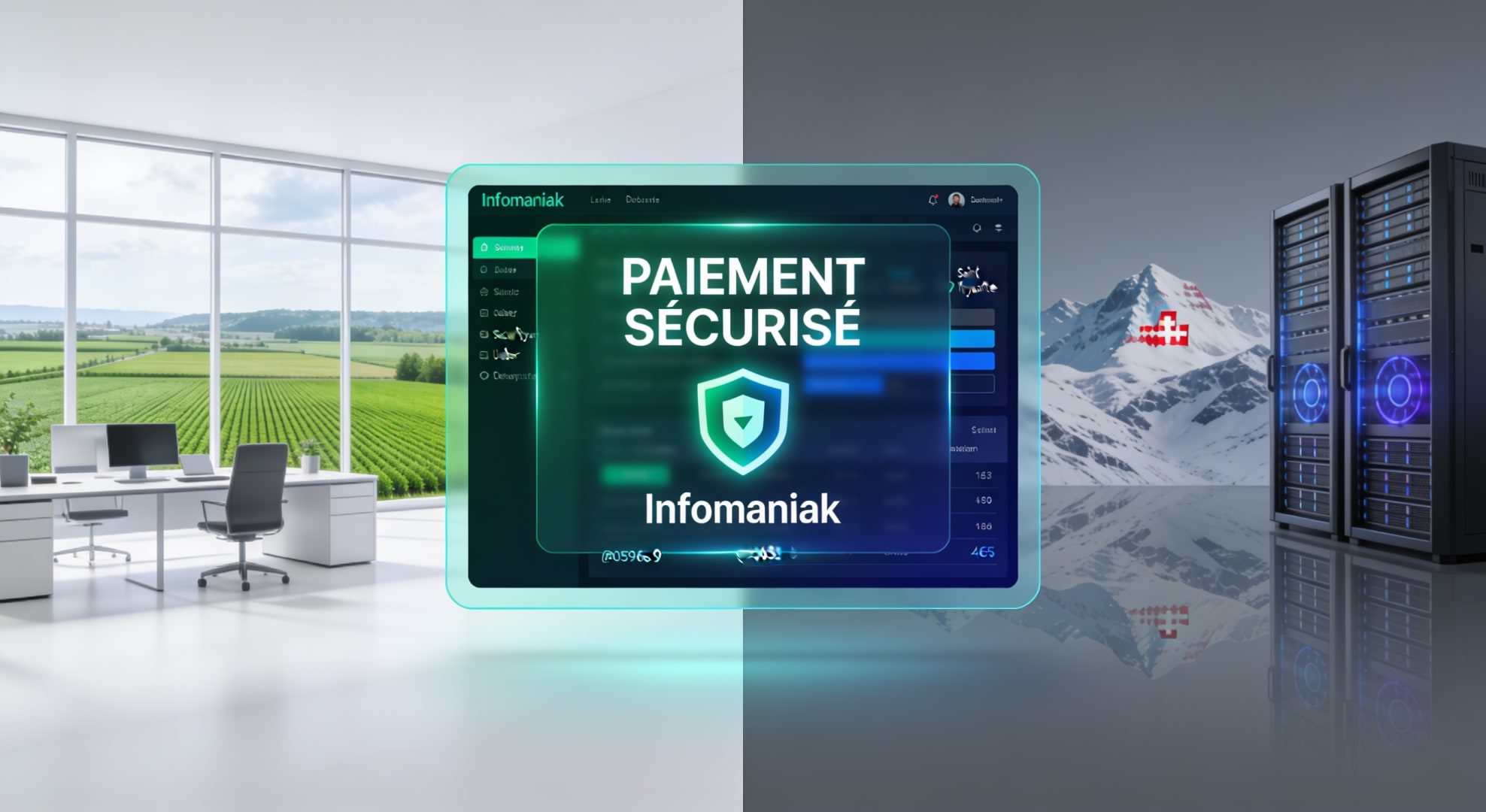 Interface de paiement sécurisé affichant "Paiement Sécurisé" et "Hébergement Suisse", illustrant la gestion des abonnements satellitaires de Terre Surveillée depuis Saint-Hyacinthe avec des données protégées en Suisse.
